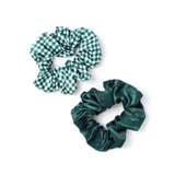 School Scrunchies - Green Satin & Gingham 2pk