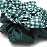 School Scrunchies - Green Satin & Gingham 2pk