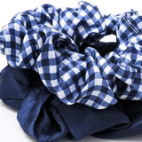 School Scrunchies - Navy Satin & Gingham 2pk