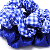 School Scrunchies - Royal Blue Satin & Gingham 2pk