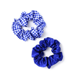School Scrunchies - Royal Blue Satin & Gingham 2pk