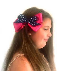 Large Annabel Stacked Polka Dot Hair Bow - Navy & Hot Pink