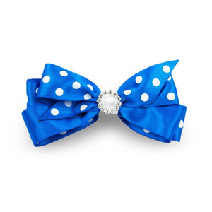 Super-cute and beautifully handmade, this Polka Dot Hair Bow will add style and panache to any outfit. A sure favourite with the little darlings.  Rhinestone embellishment Uncovered alligator clip Securely holds all hair types Medium size - 11cm approx. Made by hand in London.  