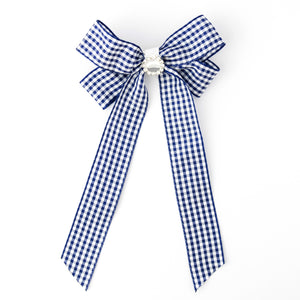 Long Tail Gingham Hair Bow - Navy